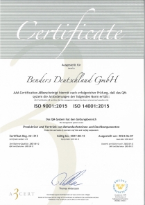 Certifikát Benders Deutschland GmbH - ISO 9001:2015 14001:2015